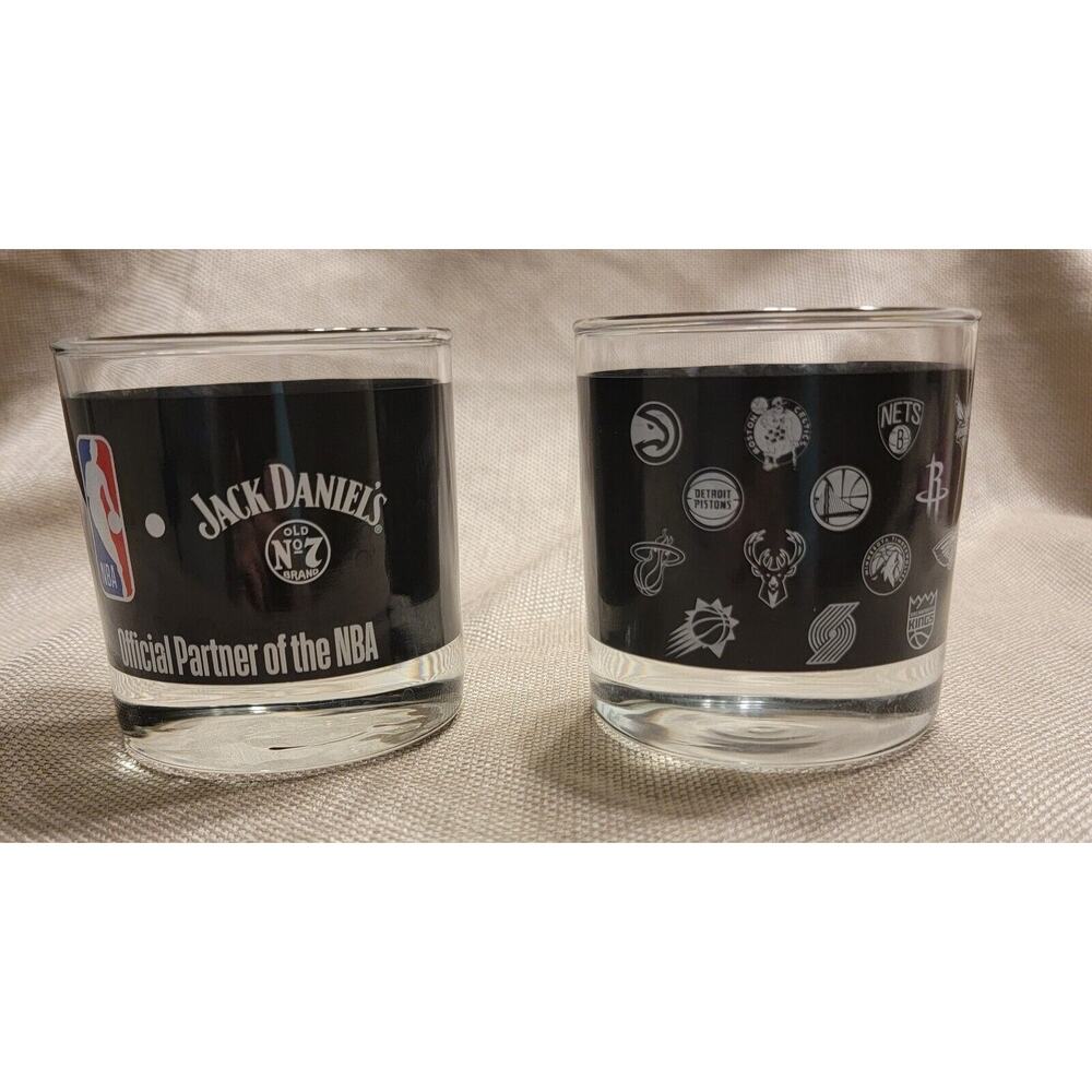 Jack Daniels NBA Rocks Glasses (2) Whisky Cup Black Old No 7 Brand w/ NBA Logos